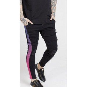 Siksilk Mens Jeans Sz 30 Small Black Burst Knee Low Rise Distressed Skinny Fit